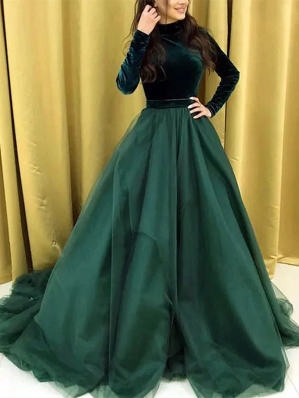 Score Big On Glamorous Red - Carpet Styles Emerald Green Turtle Neck Long Sleeve A-line Long Prom Dress, PD3163