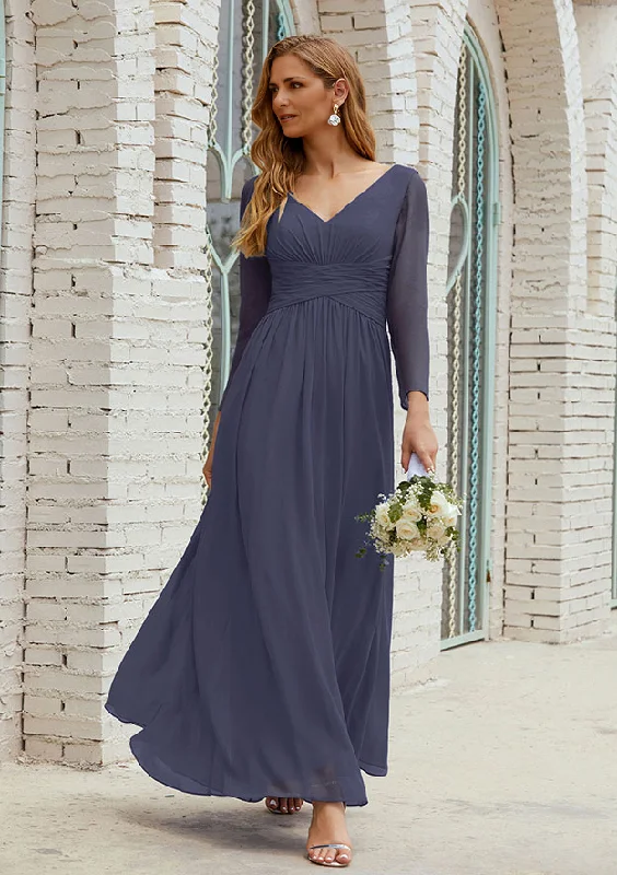 Great Deals On Ethnic Cultural Wear A-line V Neck Full/Long Sleeve Ankle-Length Chiffon Mother of the Bride Dress With Pleated