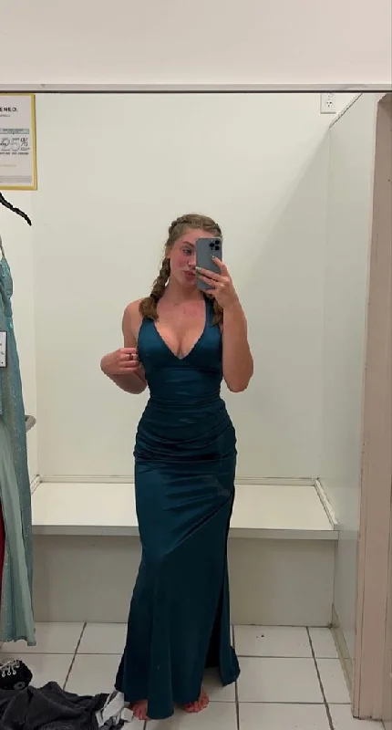 Pastel Styles Dark Green V Neck Halter Mermaid Satin Long Prom Dress MD7340