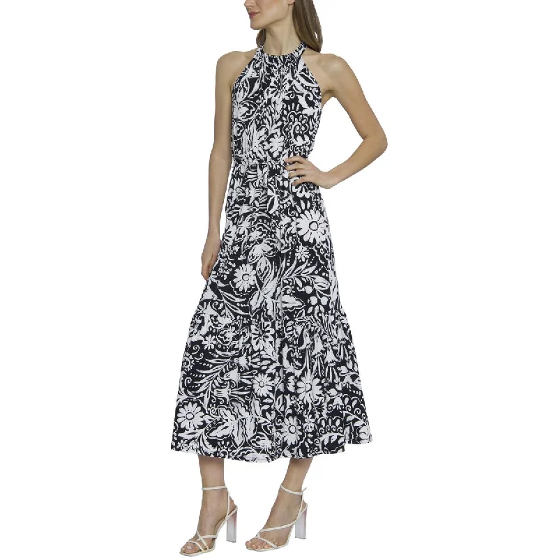 Women's Chic Outerwear Attire Maggy London Womens Key Hole Back Tea-Length Halter Dress