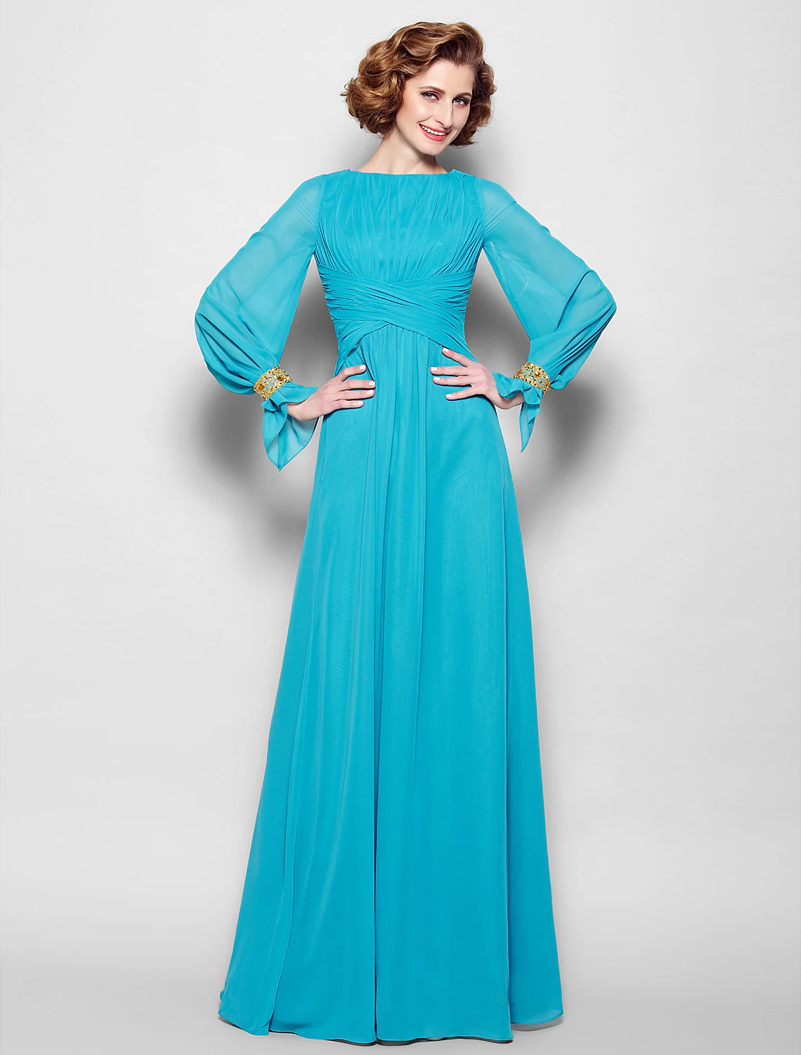 Wardrobe Update A-Line Mother of the Bride Dress Vintage Inspired Bateau Neck Floor Length Chiffon Long Sleeve No with Pleats