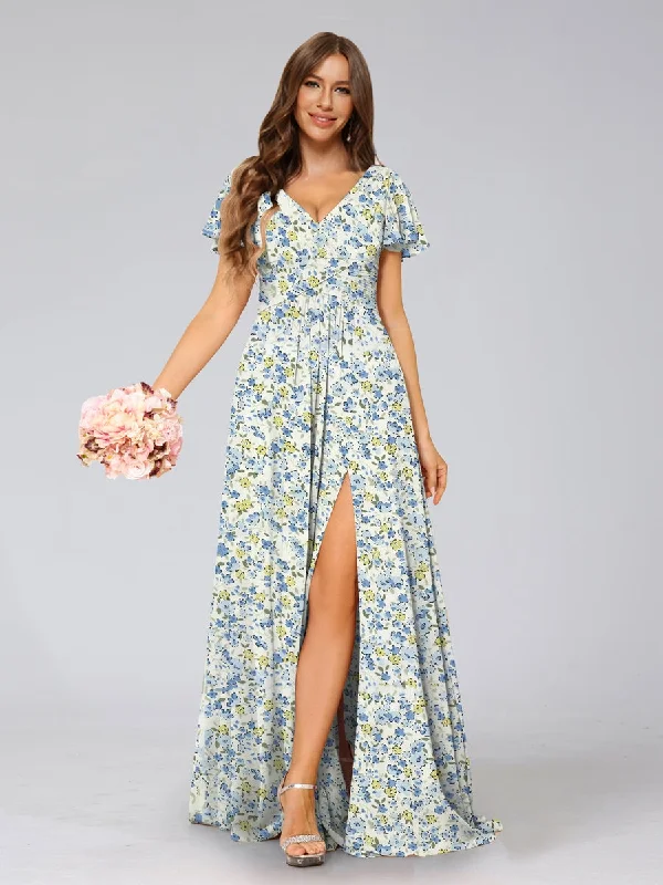 Season Sale A-Line/Princess V-Neck Short Sleeves Split Side Floral Bridesmaid Dresses