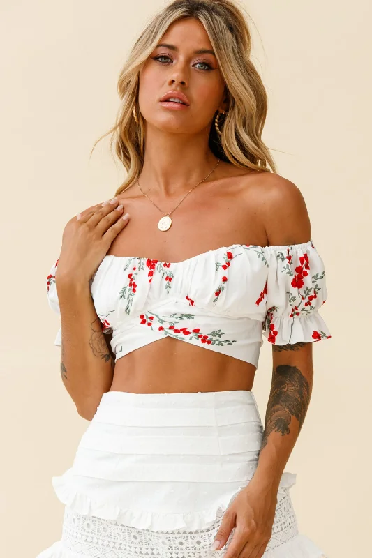 Save On Inspired Styles Linka Off-Shoulder Tie-Back Crop Top Red Floral Print White