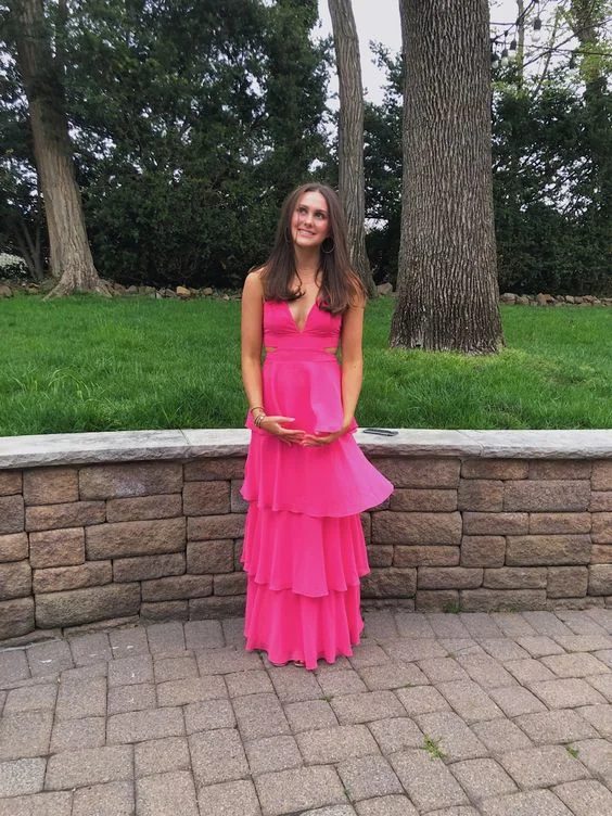 Celebrate With Big Savings Elegant Hot Pink Tiered Prom Dress,Hot Pink Formal Gown Y7017