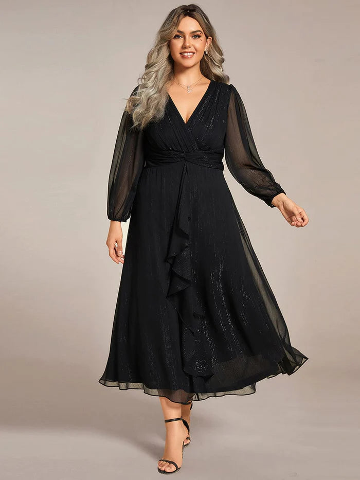 Nordic Minimalist Home Look Plus Size Long Sleeve V-Neck Chiffon Twist Knot A-Line Evening Dress