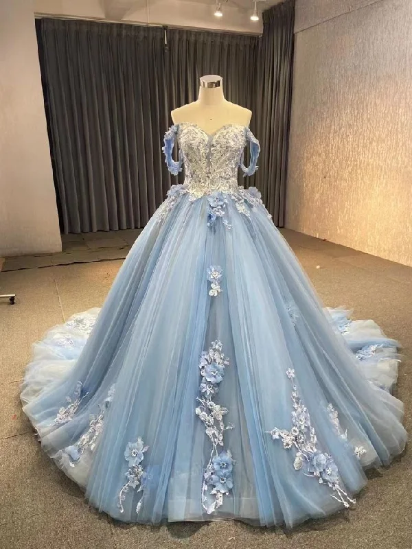 Nordic Minimalist Home Look Blue Off The Shoulder Lace Tulle Ball Gown,Sweet 16 Dress Y6855