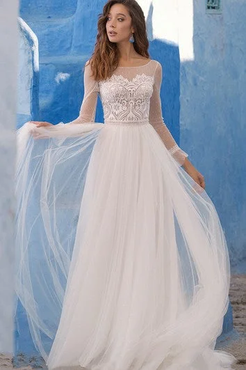 Limited-Time Offer Romantic A Line Lace Bateau Floor-length Wedding Dress with Ruching