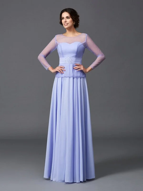 Feminine Soft - Hued Styles A-Line/Princess Scoop Ruffles Long Sleeves Long Chiffon Mother of the Bride Dresses