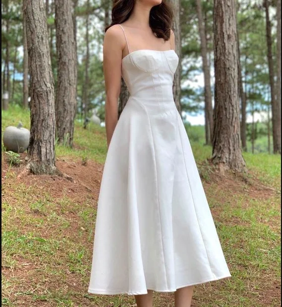 Trend Alert Simple White A-line Midi-length Prom Dress,White Party Gown  Y7143