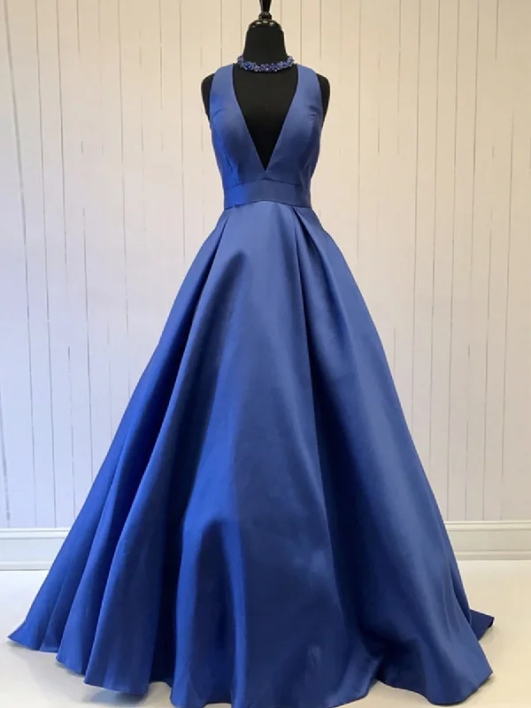 Tropical Island - Inspired Attire Deep V Neck Blue Satin Long Prom Dresses, Blue Formal Graduation Evening Dresses, Party Dresses