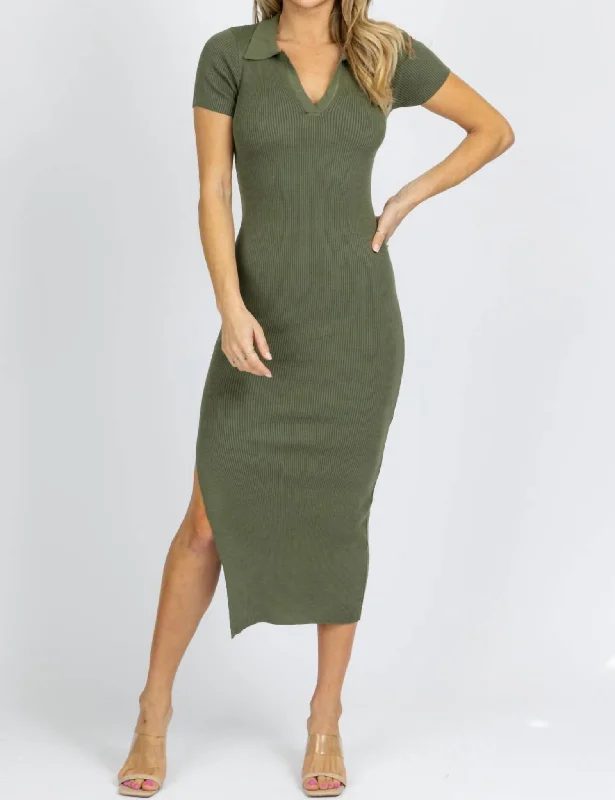 Feminine Soft - Hued Styles Collared Backless Knit Midi Dress In Olive