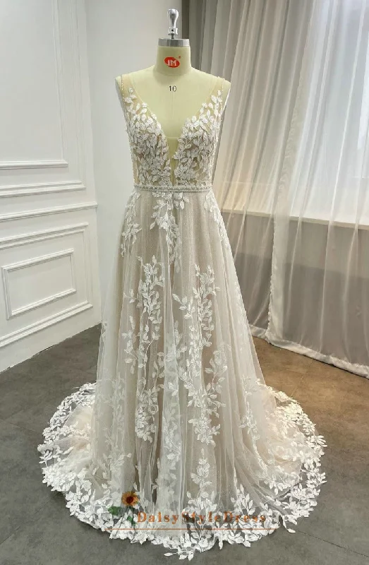 Save On Classic Elegant Styles Summer Lace Light Champagne Wedding Dress