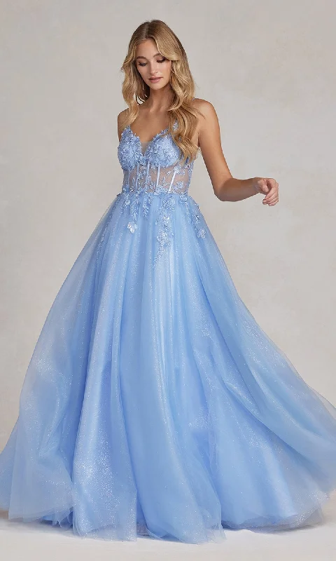 Limited Styles Sheer-Bodice Long Blue Prom Ball Gown