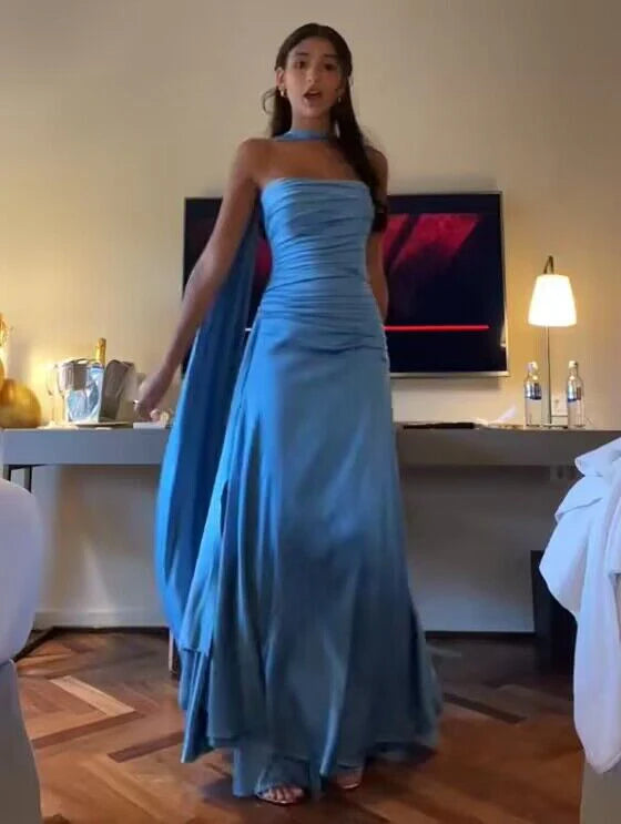 Elegant Style Strapless Blue A Line Satin Long Prom Dress Formal Party Dress MD7586