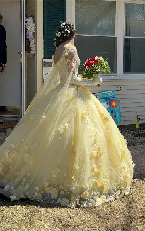 Day-To-Night Styles Yellow 3D Flowers Ball Gown Dress Sweet 16 Dress Y6578