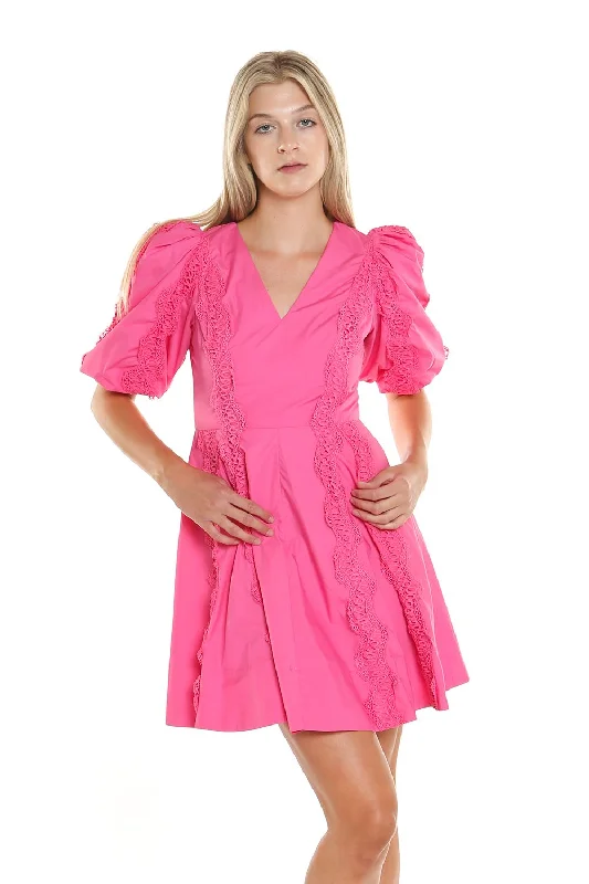 Elegant Clothing For Women Short V Neck Lace Trim Puff Shoulder Dress