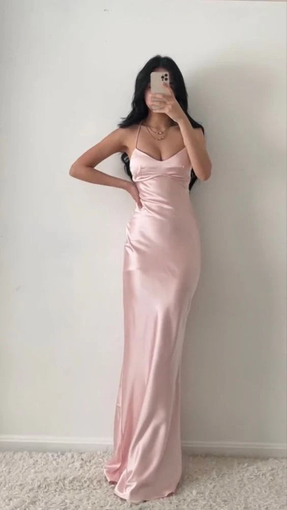 Wardrobe Update Pink Halter Neck Long Prom Dresses Sheath Satin Evening Dress MD7609