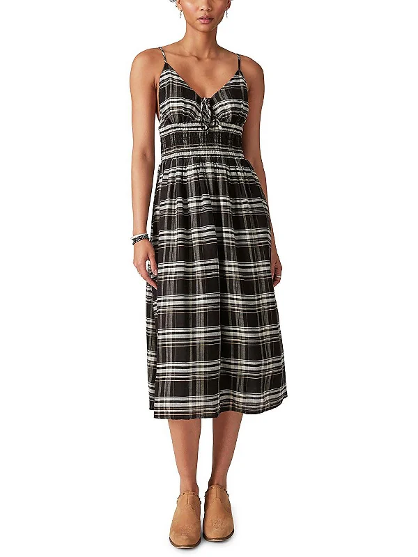 Flash Sale Womens Plaid Smocked Midi Dress