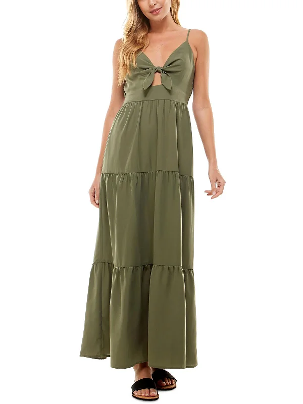 Spring Wardrobe Juniors Womens Tie-Front Tiered Maxi Dress