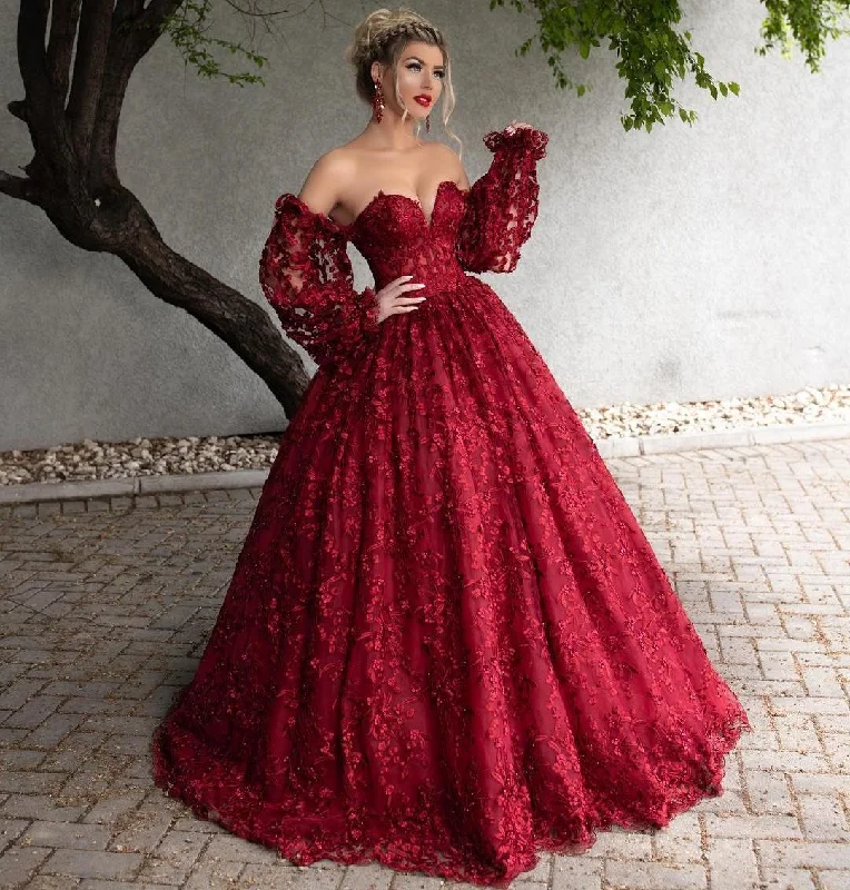 Big Savings On Minimalist Office Styles Dark Red Lace Beaded Prom Dresses Off The Shoulder Long Sleeves Formal Dress Floor Length A Line Plus Size Evening Gowns Y766