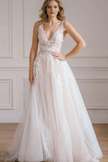 Wardrobe Update Ethereal A Line Lace Floor-length Sleeveless Open Back Wedding Dress with Appliques