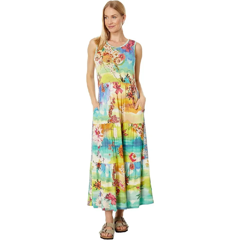 Art Deco Geometric Pattern Look Johnny Was Women Tie-Dye Sleeveless Tiered Bamboo Midi Dress Multi