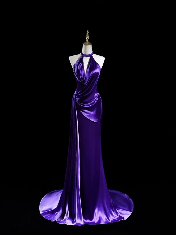 Fashion-Forward Elegant Purple Halter Satin Mermaid Long Formal Prom Dress, MD7905