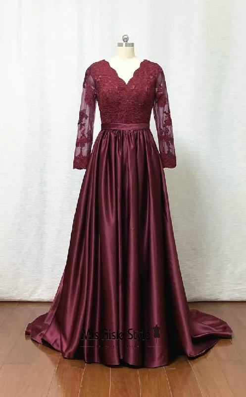 Y2K Nostalgic Fashion Look Modest A line Long Sleeves Burgundy Evening Dress