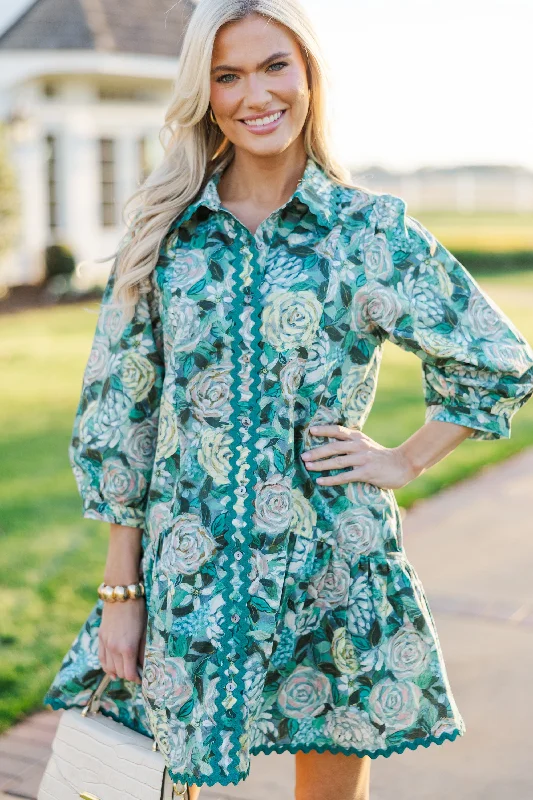 Flash Deals Happy To Be Here Teal Green Floral Dress