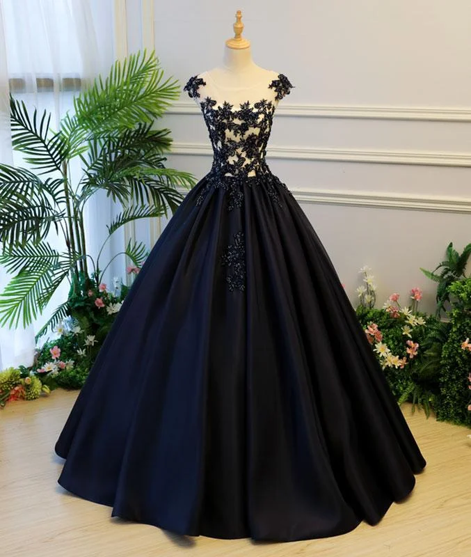 Beat The Heat In Tropical Styles Black round neck satin long prom gown, black evening dress M4819