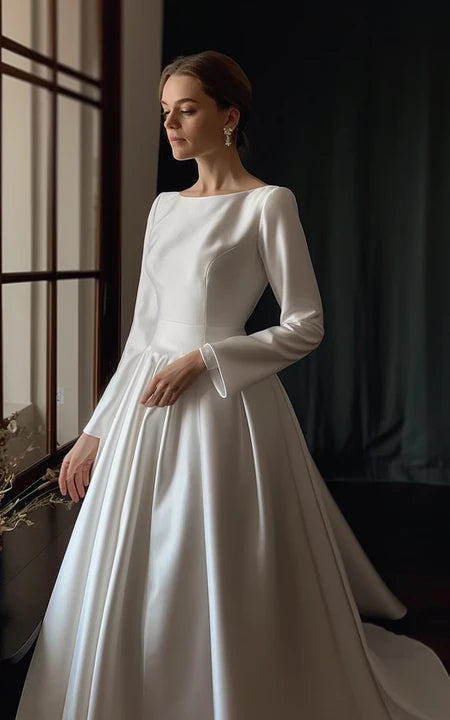 Wardrobe Essentials Elegant Modest and Modern Long Sleeve Scoop-neck Solid Satin Wedding Dress