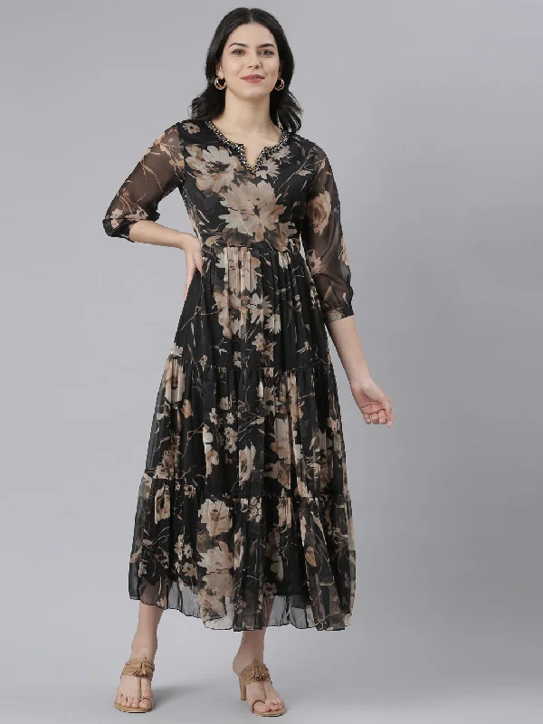 Day-To-Night Styles Neeru's Black Flared Casual Floral Dresses