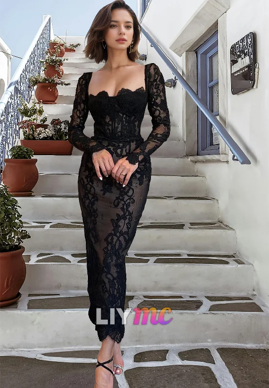 Flash Deals LP319 - Sheath/Column Square Neck Long Sleeves Lace Long Prom Evening Dress