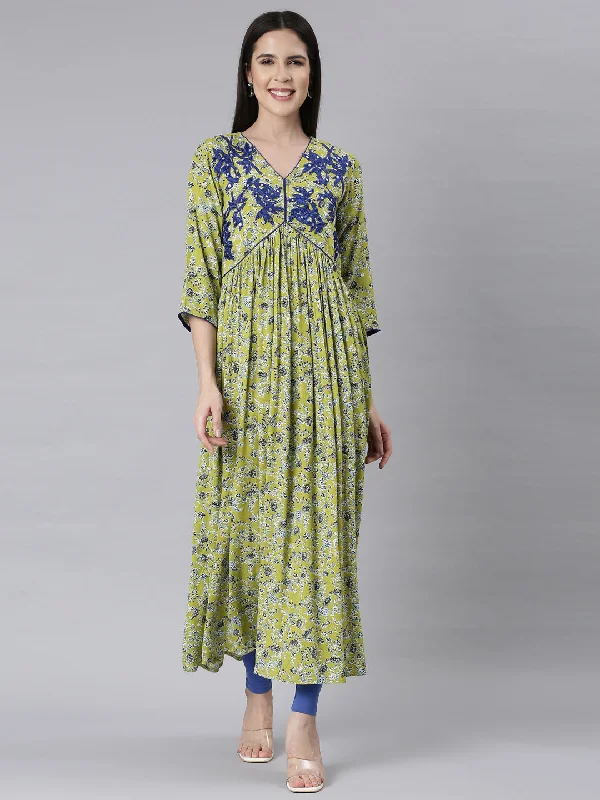 Spring Fashion Neerus Green Asymmetric Casual Floral Maxi Dresses