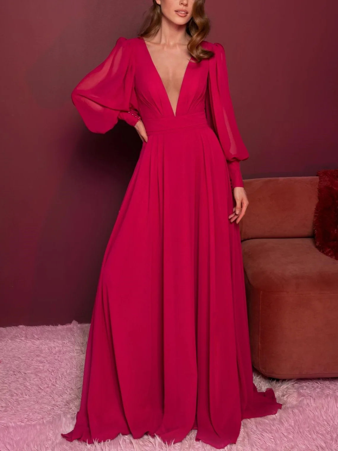 Seasonal Fashion A-Line Deep V-Neck Long Sleeves Floor-Length Evening Dress with Ruffles