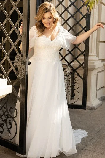 Pastel Styles Beautiful Plus Size Chiffon V-neck A Line Wedding Dress