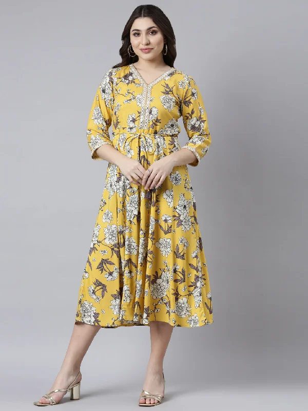 Spring Fashion Neerus Mustard Straight Casual Floral Maxi Dresses