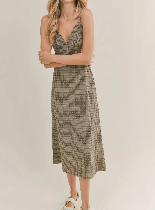 Casual Weekend Relaxed Style Beach Picnic Plaid Midi Dress In Olive