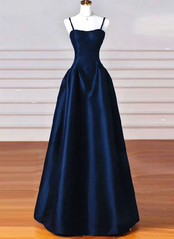 Wardrobe Refresh Navy Blue Spaghetti Straps A-Line Satin Long Formal Party Dress MD7338