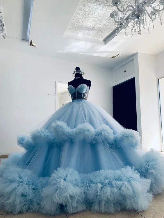 Flash Sale Luxury Handwork Ball Gown Fluffy Tulle Ruffles Quinceanera Dress Blue Coming Of Age Ceremony Party Dress For Formal Occasions Y6550