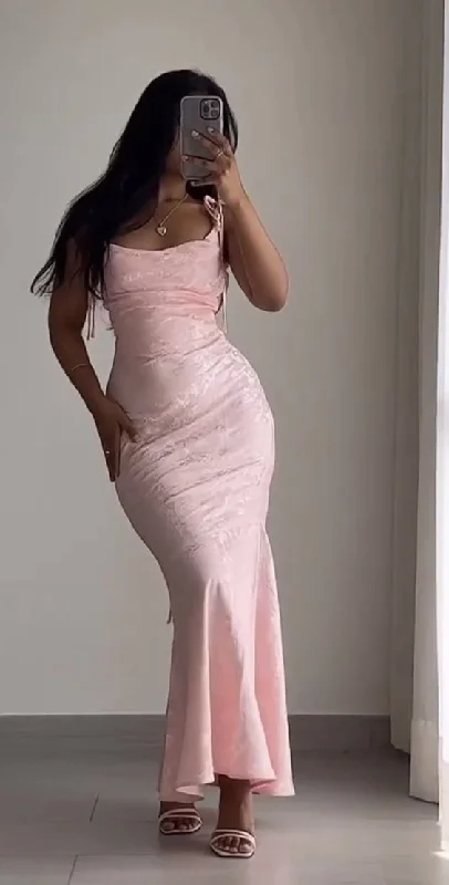 Spring Fashion Elegant Pink Straps Mermaid Satin Long Formal Party Dress MD7320