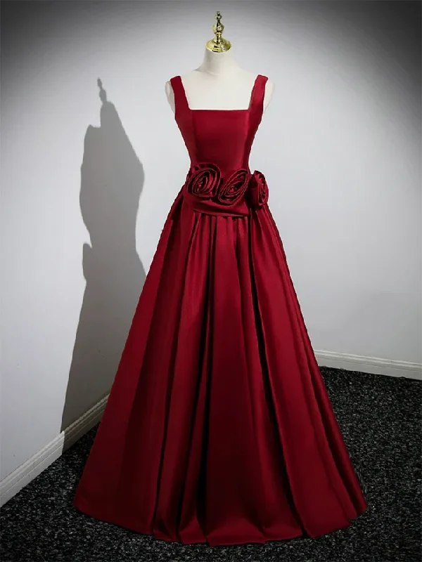 Rustic Countryside Charm Look Red Satin Long Prom Dress with Flowers Elegant A-Line Enening Gown MD7183