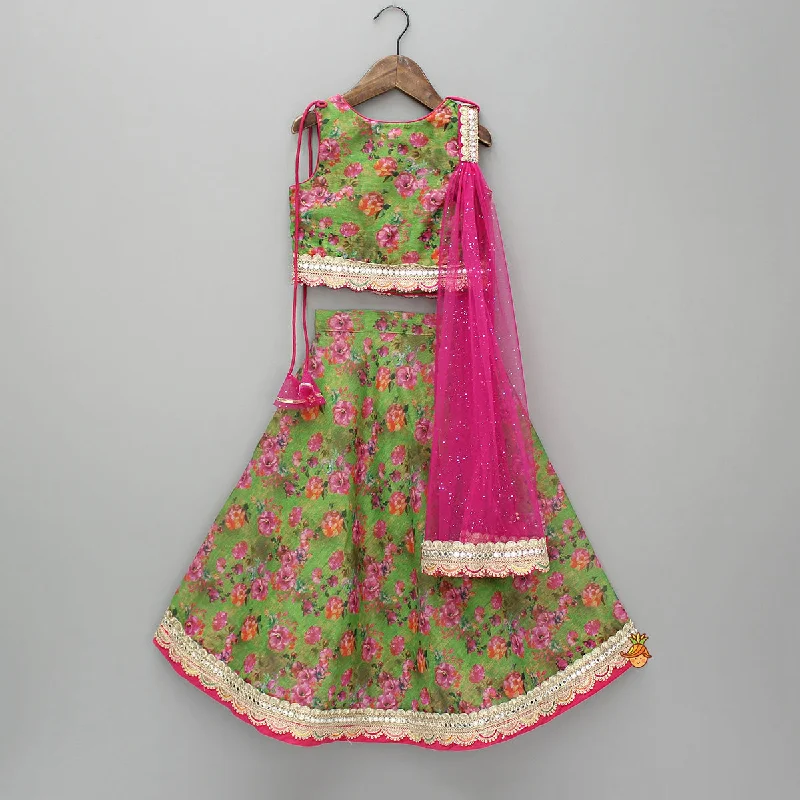 Fashion Deal Floral Printed Top And Lehenga With Pink Dupatta