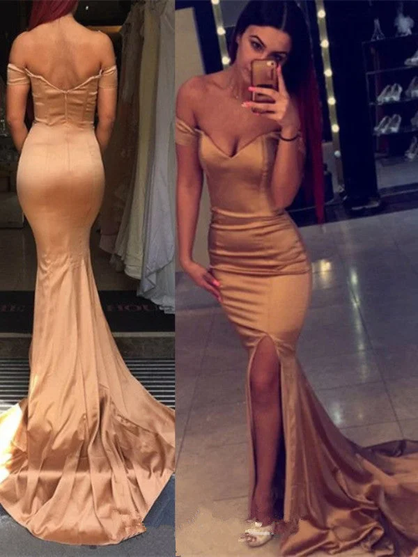 Nordic Minimalist Home Look Off Shoulder Satin Mermaid Backless Rose Golden Prom Dresses With Slit, Off Shoulder Mermaid Formal Dresses