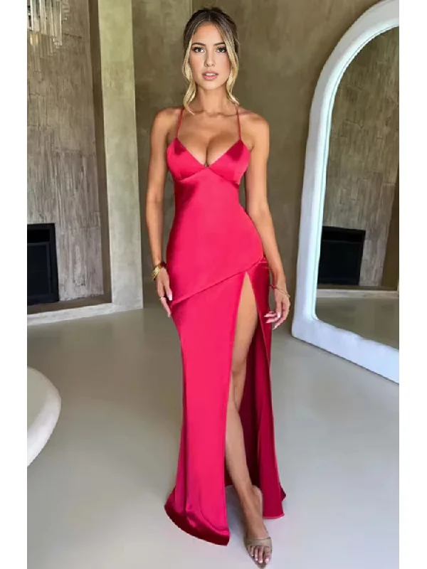 Fashion-Forward Outfits DingJiDress Evening Dress Bandage Backless Elegant Dress Side Fork Spaghetti Strap Slim Cocktail Party Club Fashion Satin Solid Lace-Up Long Dresses Formal Wear Dresses