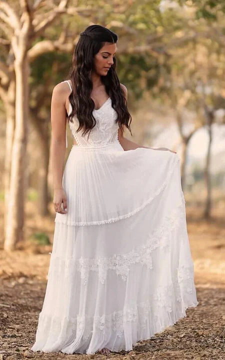 Cottagecore Rustic Charm Style Boho Spaghetti Pleated Floor-length Tiered Country Wedding Dress