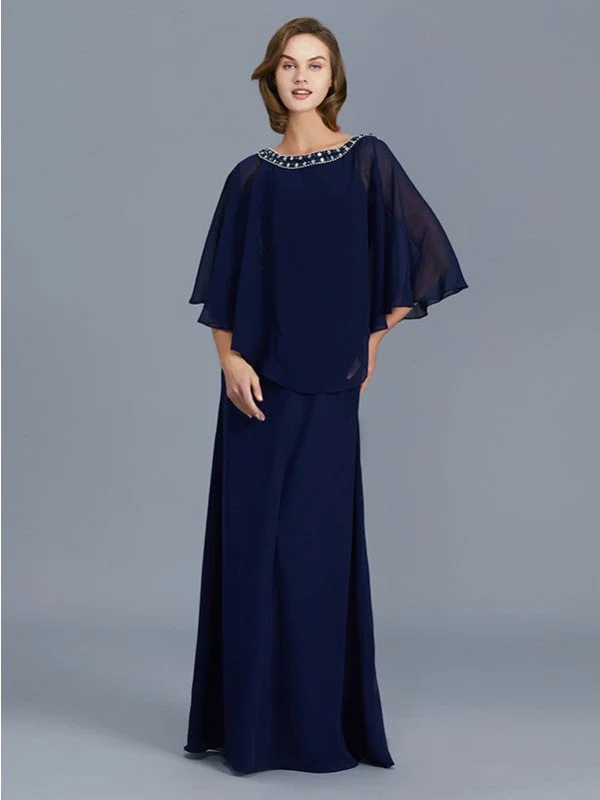 Limited - Time Bundle Sheath/Column Scoop Beading Long Sleeves Chiffon Floor-Length Mother of the Bride Dresses