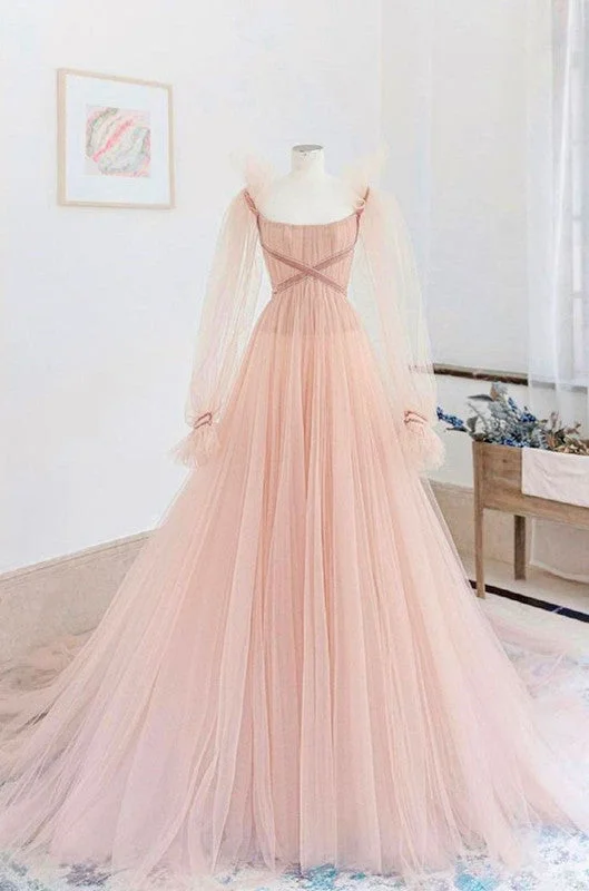 Exclusive Discount A Line Tulle Long Sleeve Pink Evening Dress Long Prom Dress       S6334