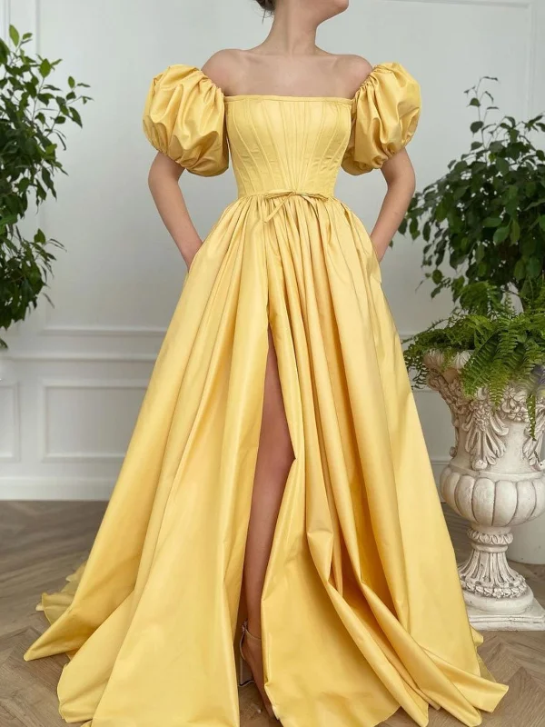 Trendy Styles Off Shoulder Yellow Satin Long Prom Dresses with High Slit, Off the Shoulder Yellow Formal Evening Dresses SP2226