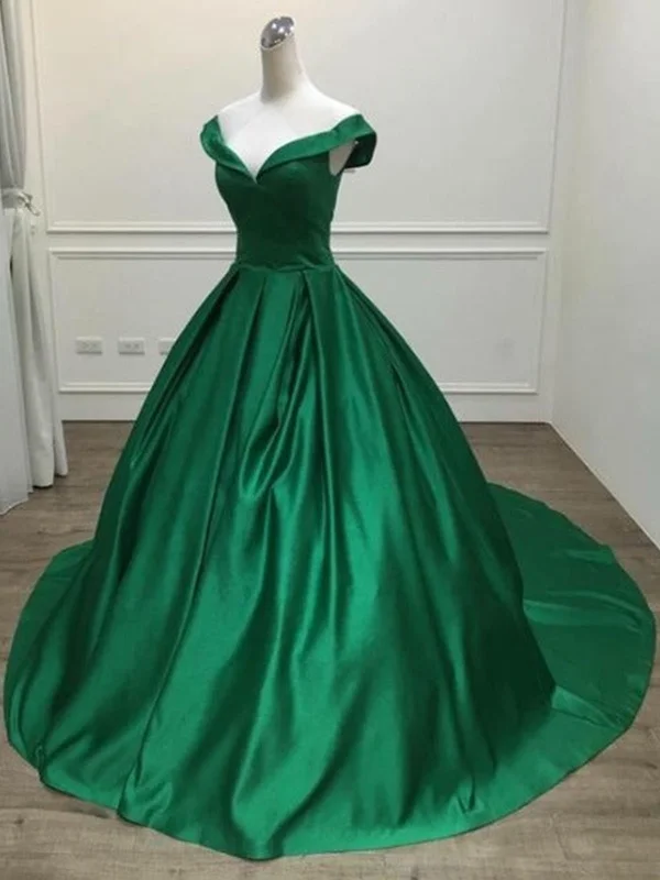 Spring Wardrobe Off Shoulder Green Satin Long Prom Dresses with Train, Off the Shoulder Green Formal Evening Dresses SP2237